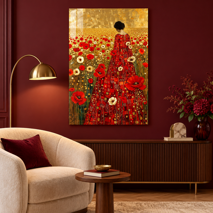 Femme parmi les Coquelicots Tableau en Verre Trempé