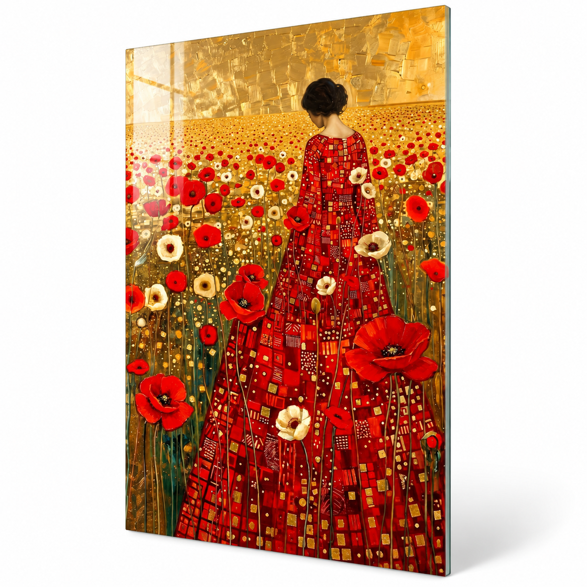 Femme parmi les Coquelicots Tableau en Verre Trempé
