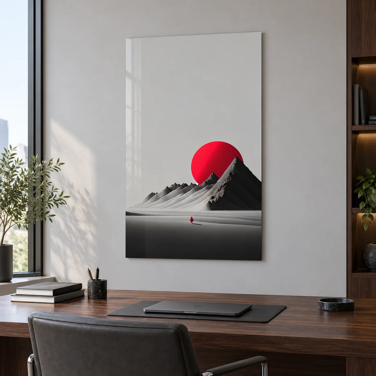 Montagne e Sole Rosso Quadro in Vetro Temperato
