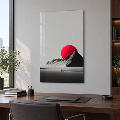Montagne e Sole Rosso Quadro in Vetro Temperato