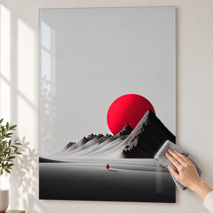 Montagne e Sole Rosso Quadro in Vetro Temperato