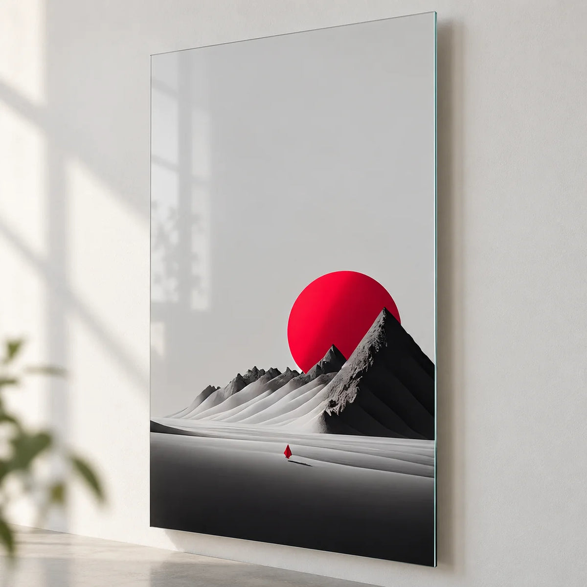 Montagne e Sole Rosso Quadro in Vetro Temperato