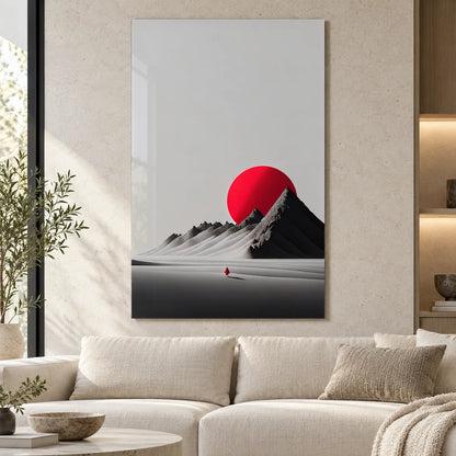 Montagne e Sole Rosso Quadro in Vetro Temperato