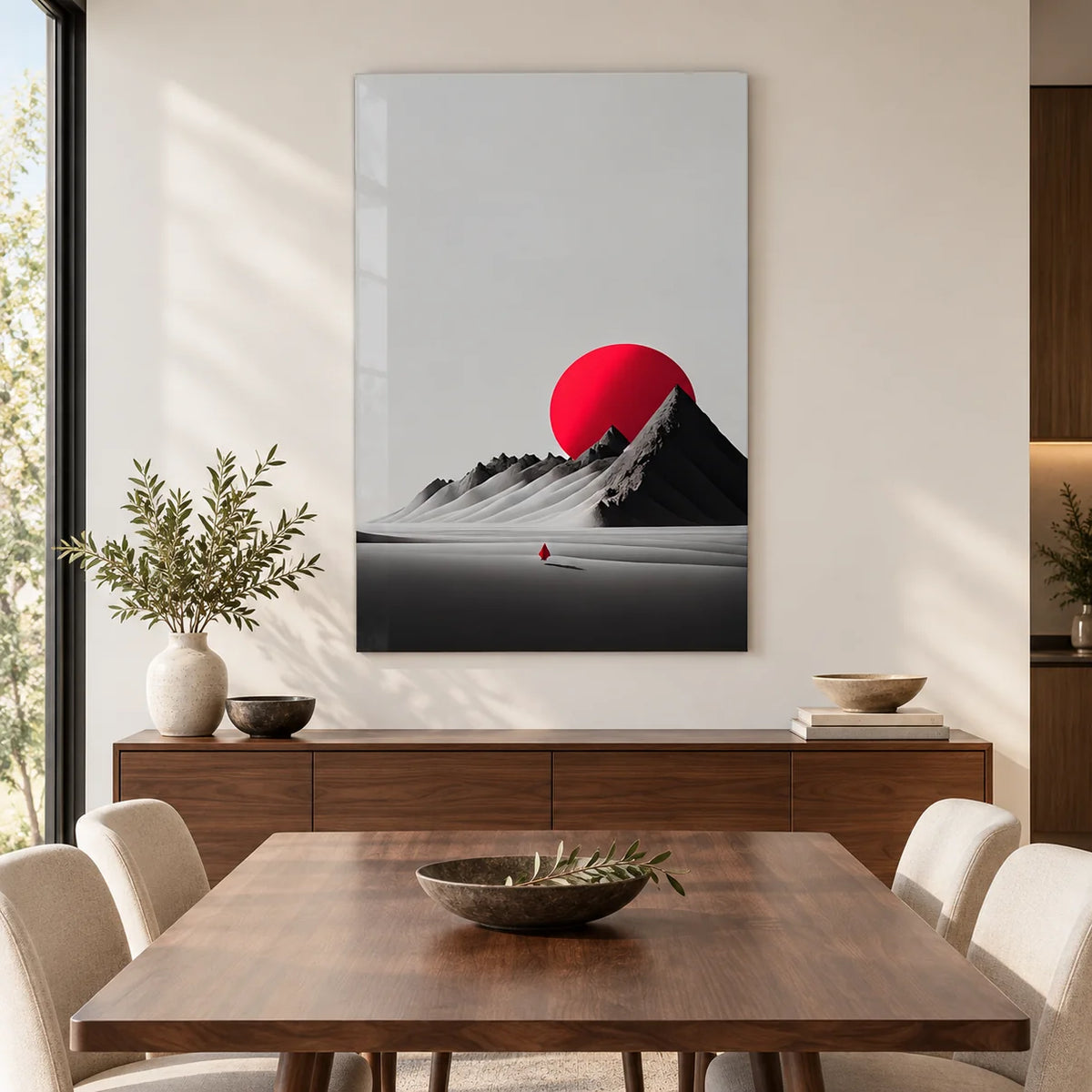 Montagne e Sole Rosso Quadro in Vetro Temperato
