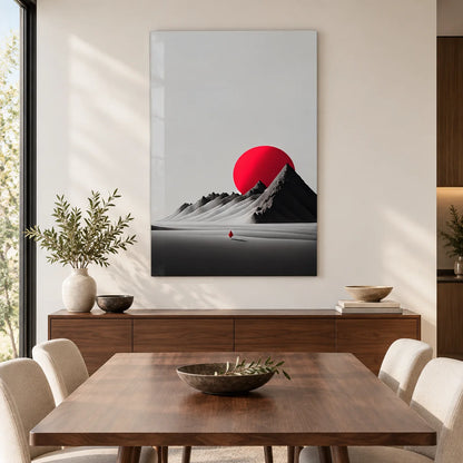Montagne e Sole Rosso Quadro in Vetro Temperato