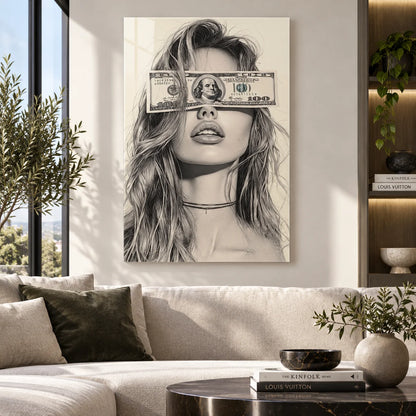 Dollar Bill Woman Glass Wall Art