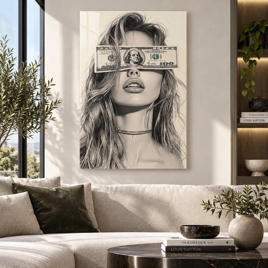 Dollar Bill Woman Glass Wall Art