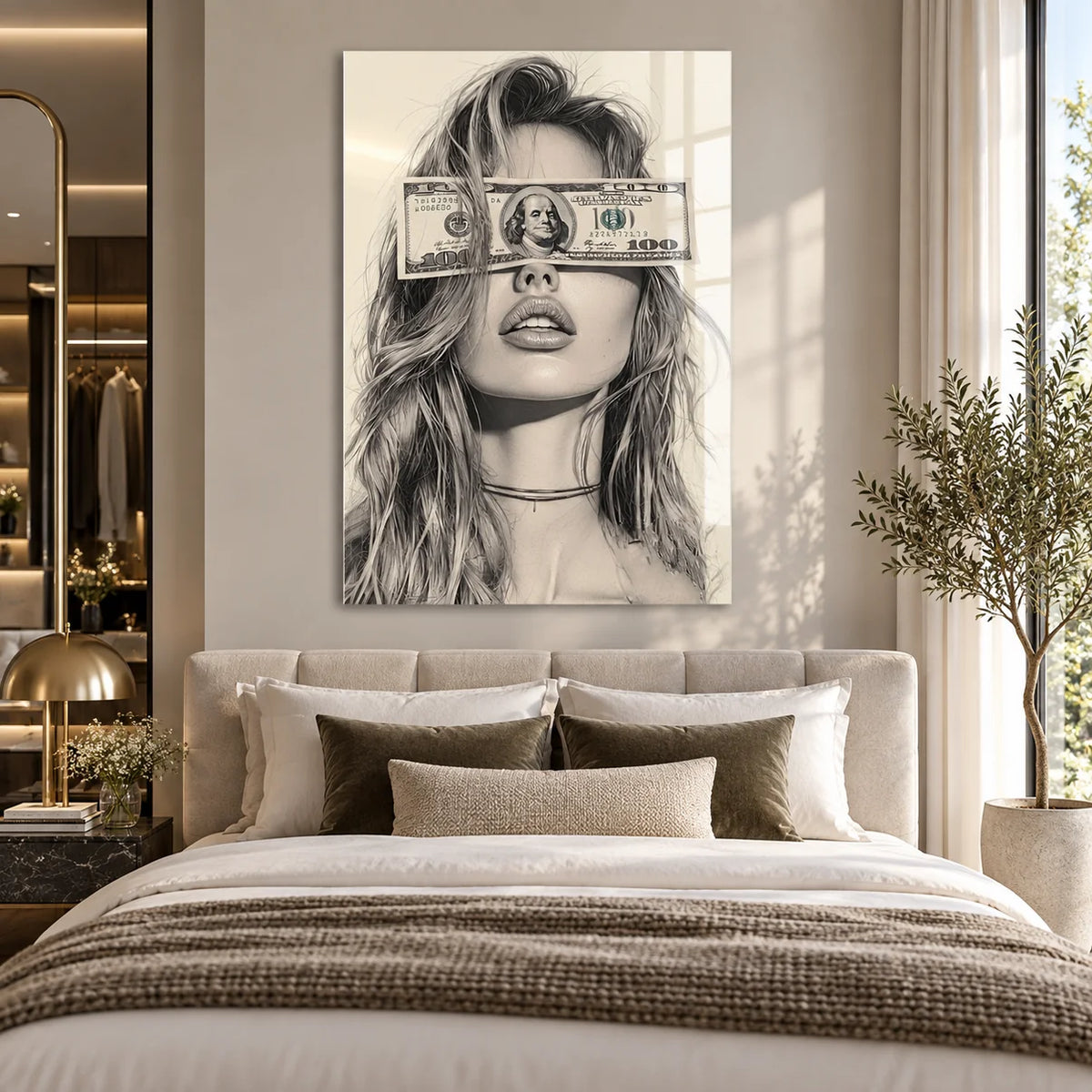 Dollar Bill Woman Glass Wall Art