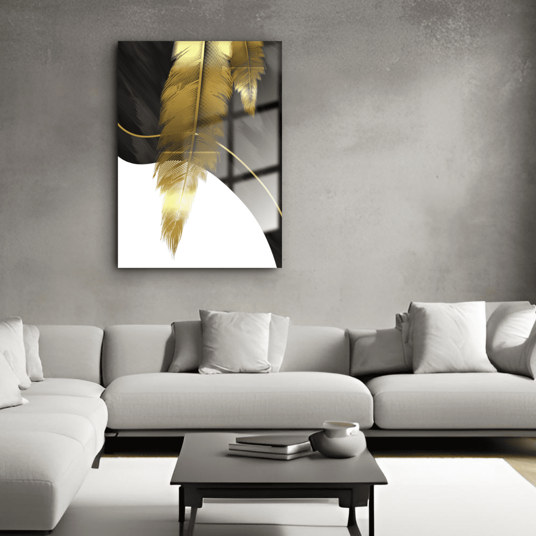 Gold Feather Glass Wall Art
