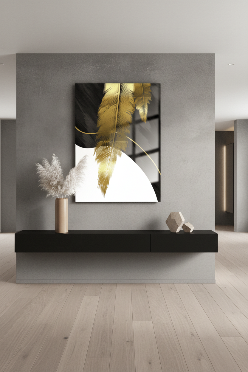 Gold Feather Glass Wall Art