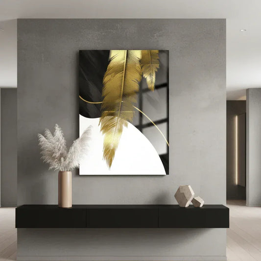 Gold Feather Glass Wall Art - LUXARTDECO