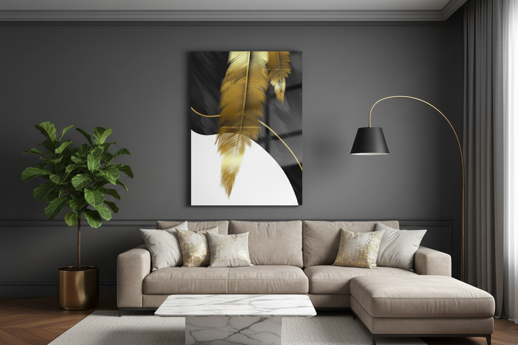 Gold Feather Glass Wall Art