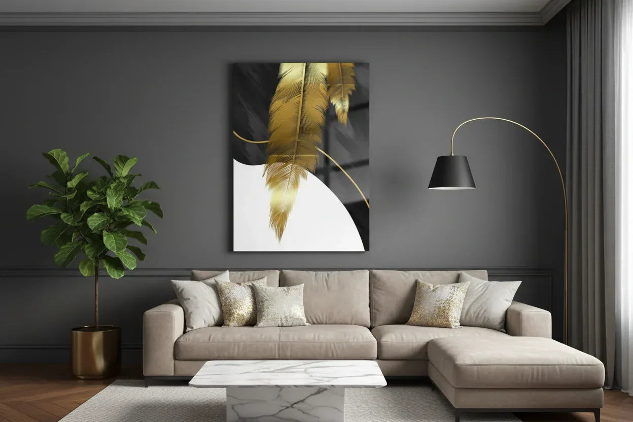 Gold Feather Glass Wall Art - LUXARTDECO