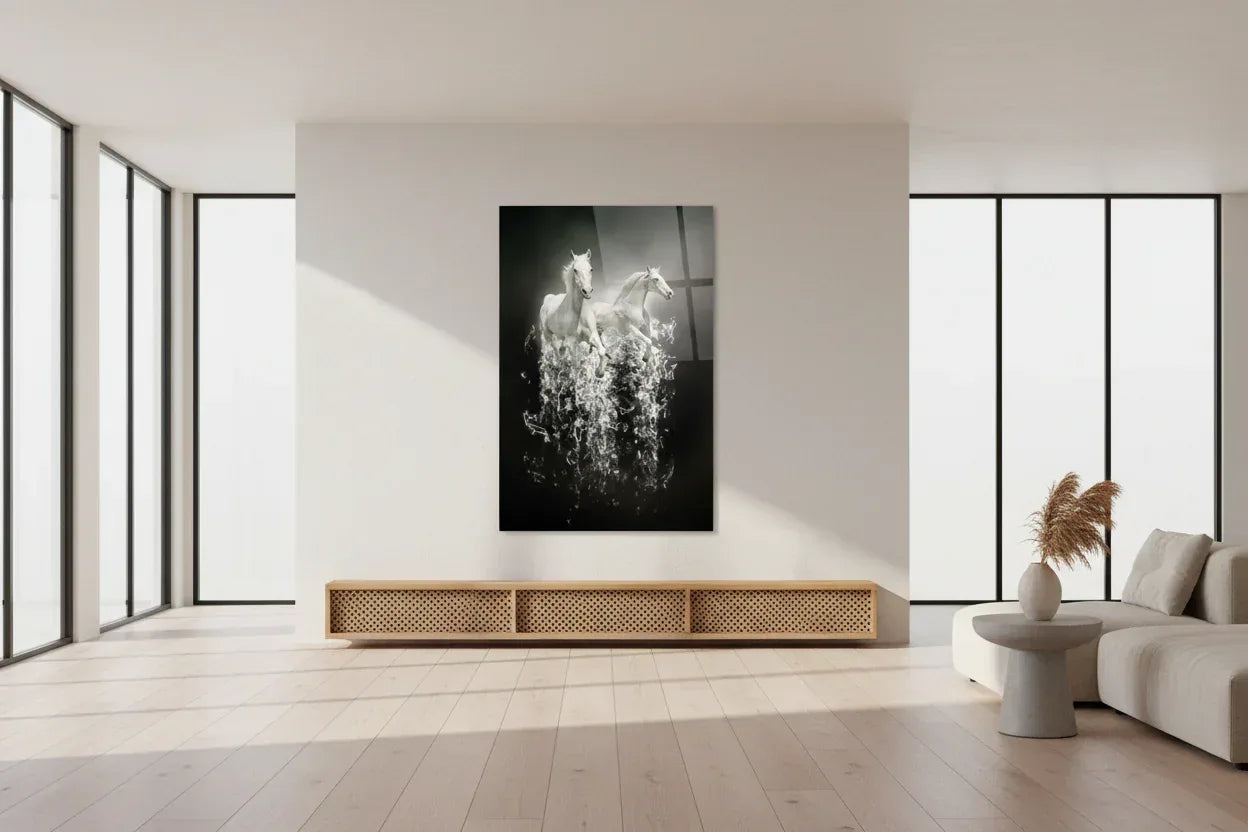 Two White Horses Glass Wall Art