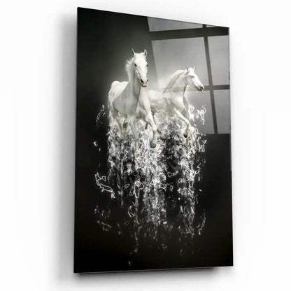 Two White Horses Glass Wall Art