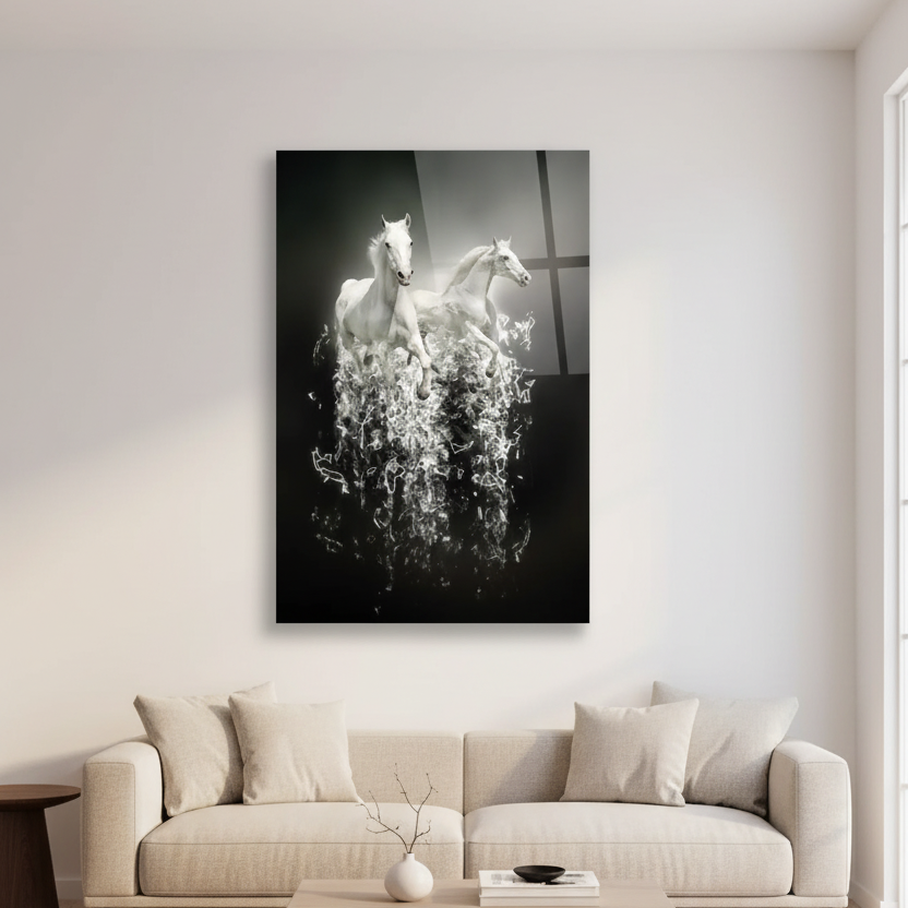 Two White Horses Glass Wall Art