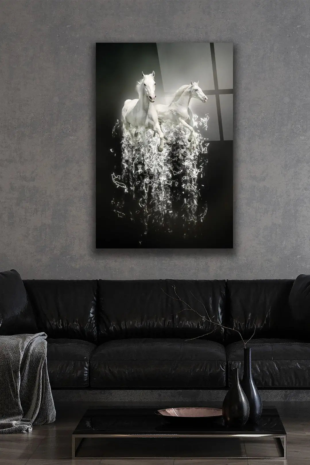 Two White Horses Glass Wall Art