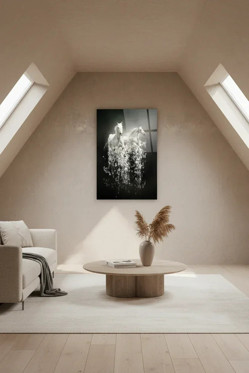 Two White Horses Glass Wall Art