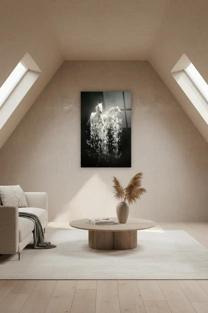 Two White Horses Glass Wall Art