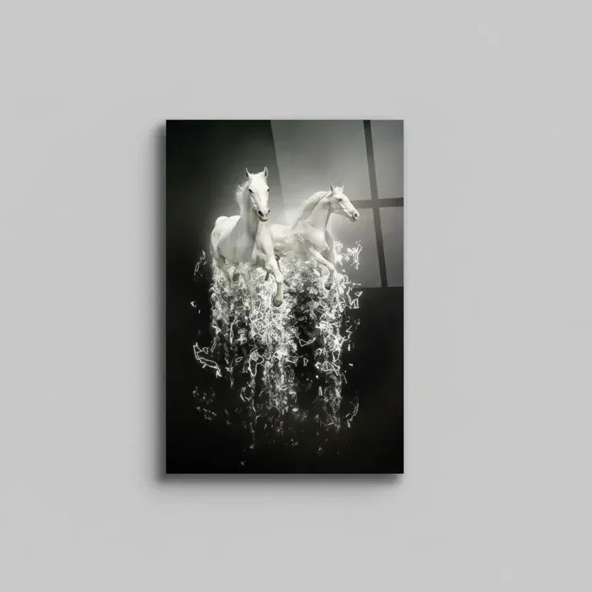Two White Horses Glass Wall Art