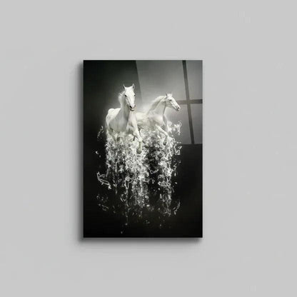 Two White Horses Glass Wall Art