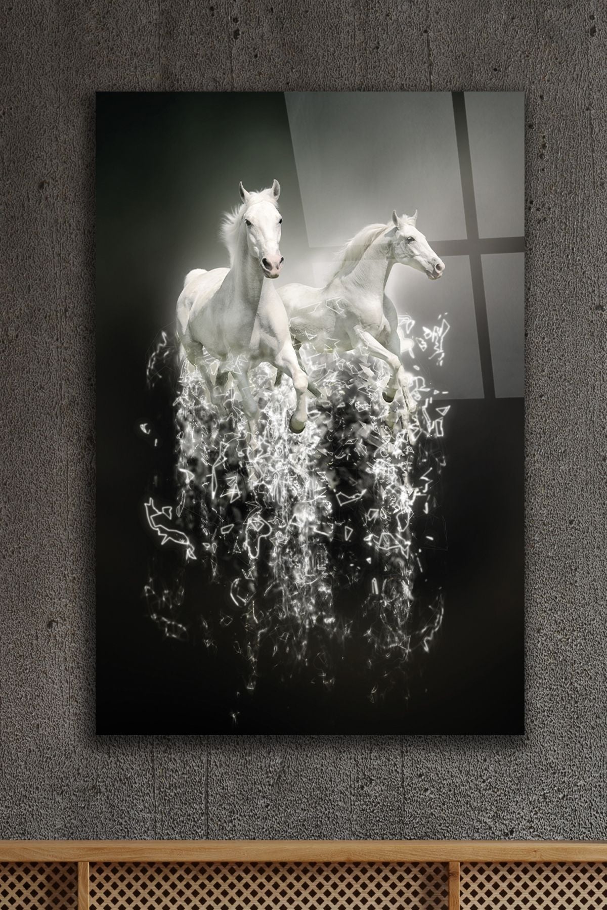 Two White Horses Glass Wall Art