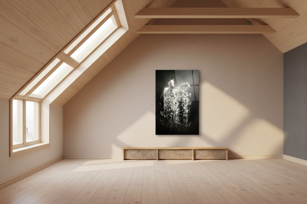 Two White Horses Glass Wall Art