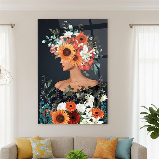 Woman with Flower Crown Glass Wall Art