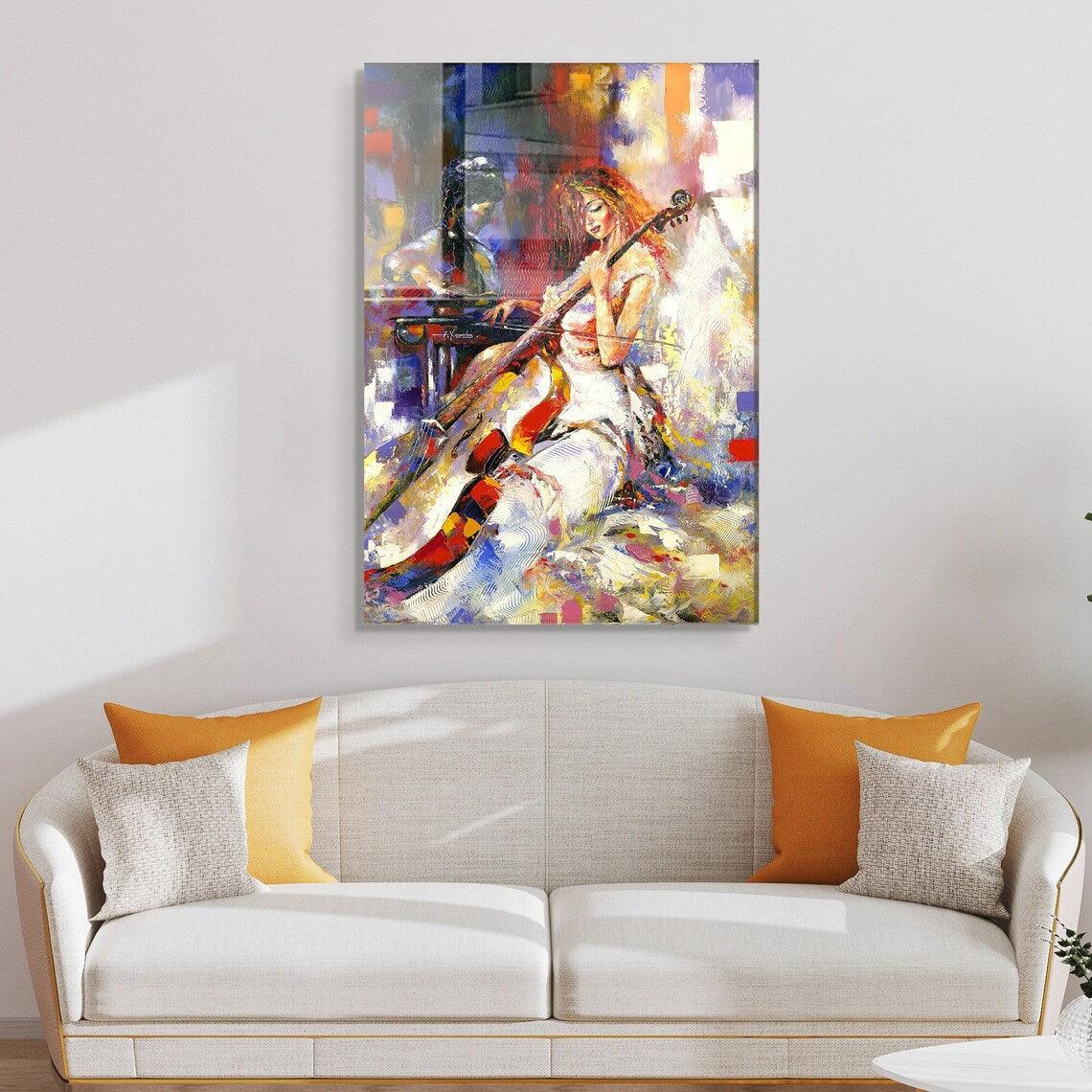 Fille Jouant du Violoncelle Tableau en Verre Trempé