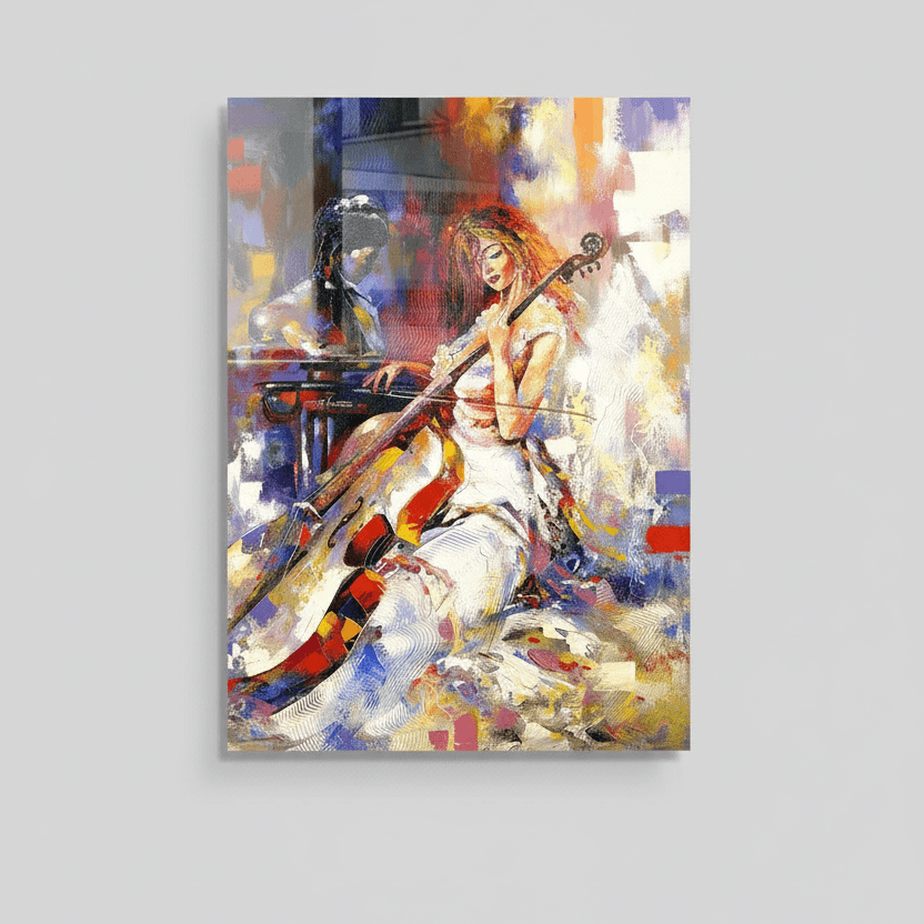 Fille Jouant du Violoncelle Tableau en Verre Trempé