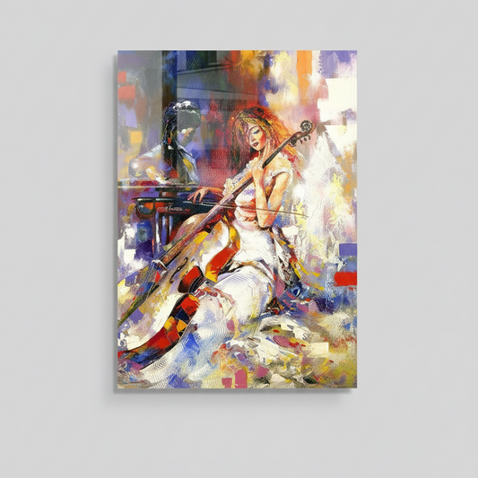 Fille Jouant du Violoncelle Tableau en Verre Trempé