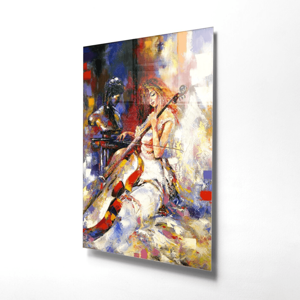 Fille Jouant du Violoncelle Tableau en Verre Trempé