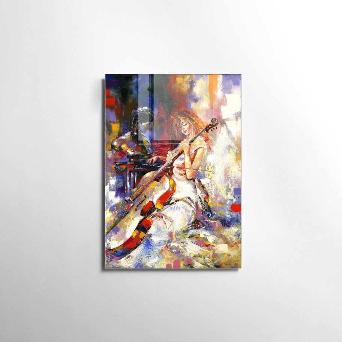 Fille Jouant du Violoncelle Tableau en Verre Trempé