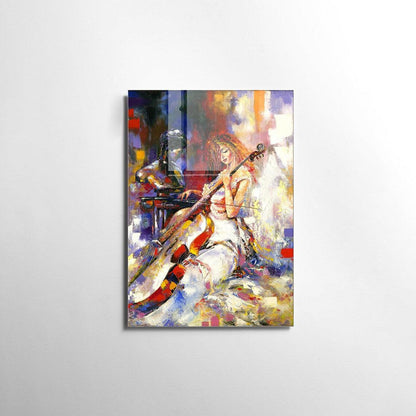 Fille Jouant du Violoncelle Tableau en Verre Trempé
