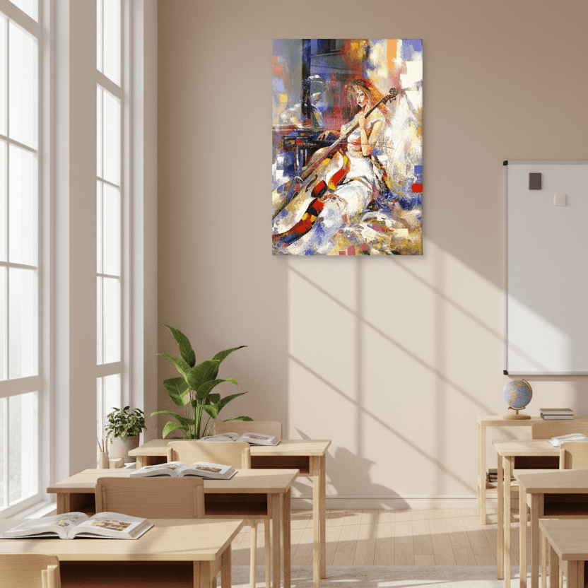 Fille Jouant du Violoncelle Tableau en Verre Trempé