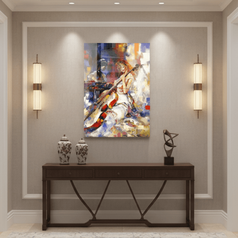 Fille Jouant du Violoncelle Tableau en Verre Trempé