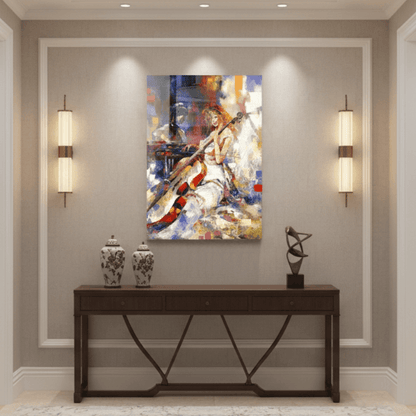 Fille Jouant du Violoncelle Tableau en Verre Trempé