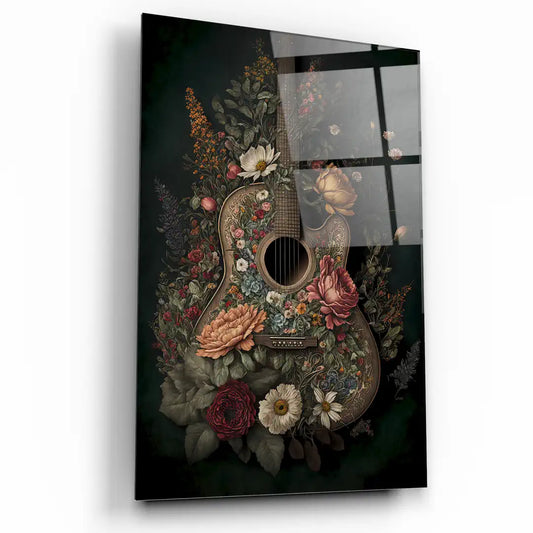 Guitar with Flowers Glass Wall Art