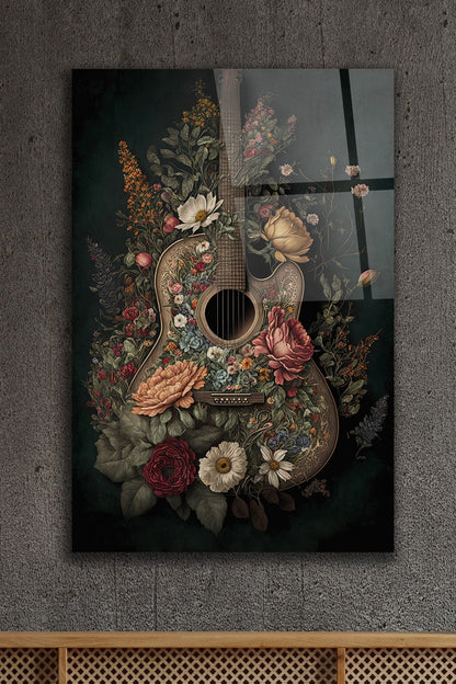 Chitarra con Fiori Quadro in Vetro Temperato