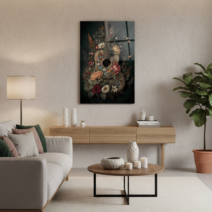 Chitarra con Fiori Quadro in Vetro Temperato