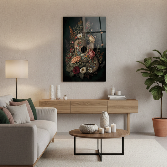 Guitar with Flowers Glass Wall Art