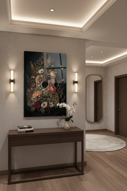Chitarra con Fiori Quadro in Vetro Temperato