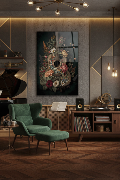 Chitarra con Fiori Quadro in Vetro Temperato