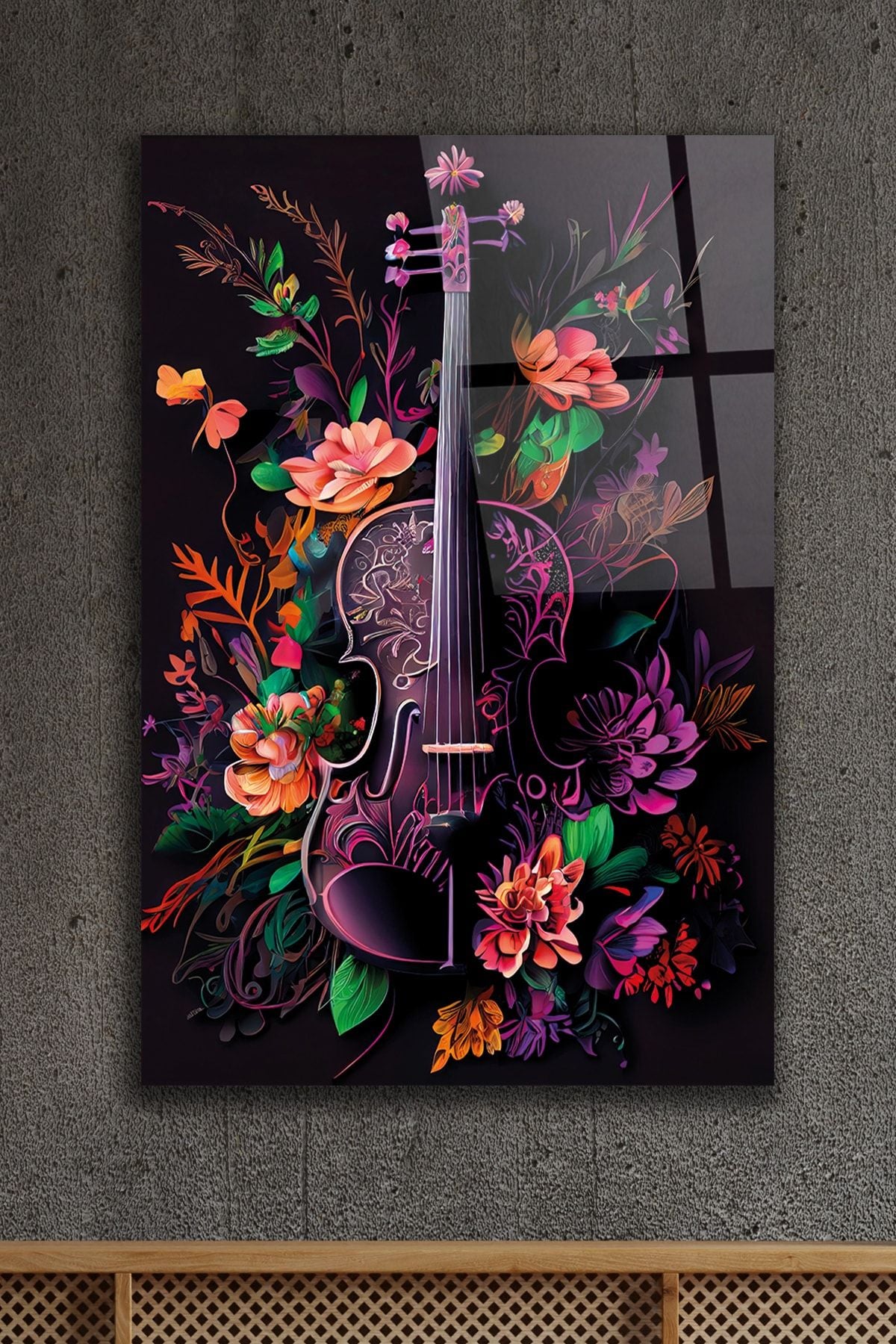 Violino con Fiori Quadro in Vetro Temperato