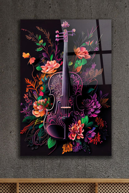 Violino con Fiori Quadro in Vetro Temperato