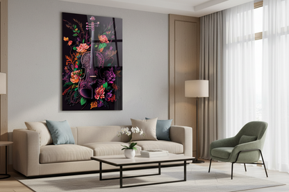 Violino con Fiori Quadro in Vetro Temperato