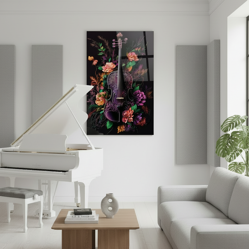 Violino con Fiori Quadro in Vetro Temperato
