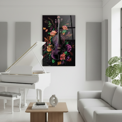 Violino con Fiori Quadro in Vetro Temperato