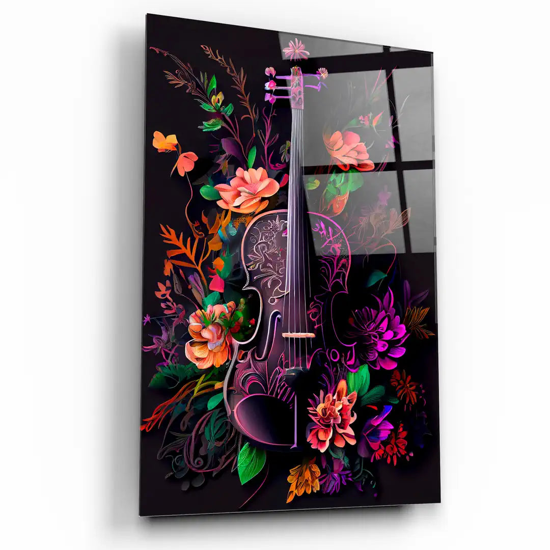Violino con Fiori Quadro in Vetro Temperato