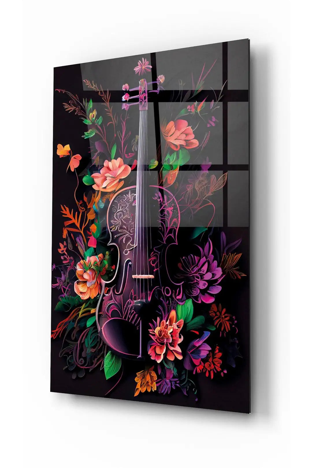 Violino con Fiori Quadro in Vetro Temperato